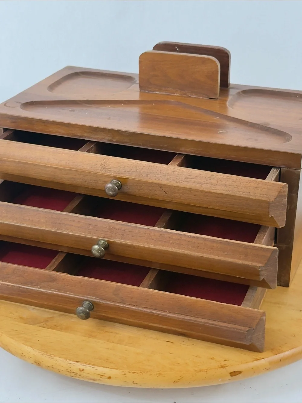 Mid Century Walnut Wood Desk Organizer Jewelry Desk Valet Box w Drawers Catchall